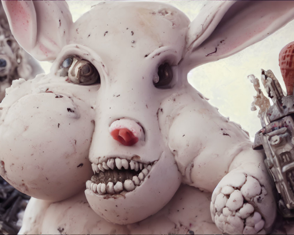 Detailed Stylized Rabbit Character with Scarred Texture and Mechanical Elements