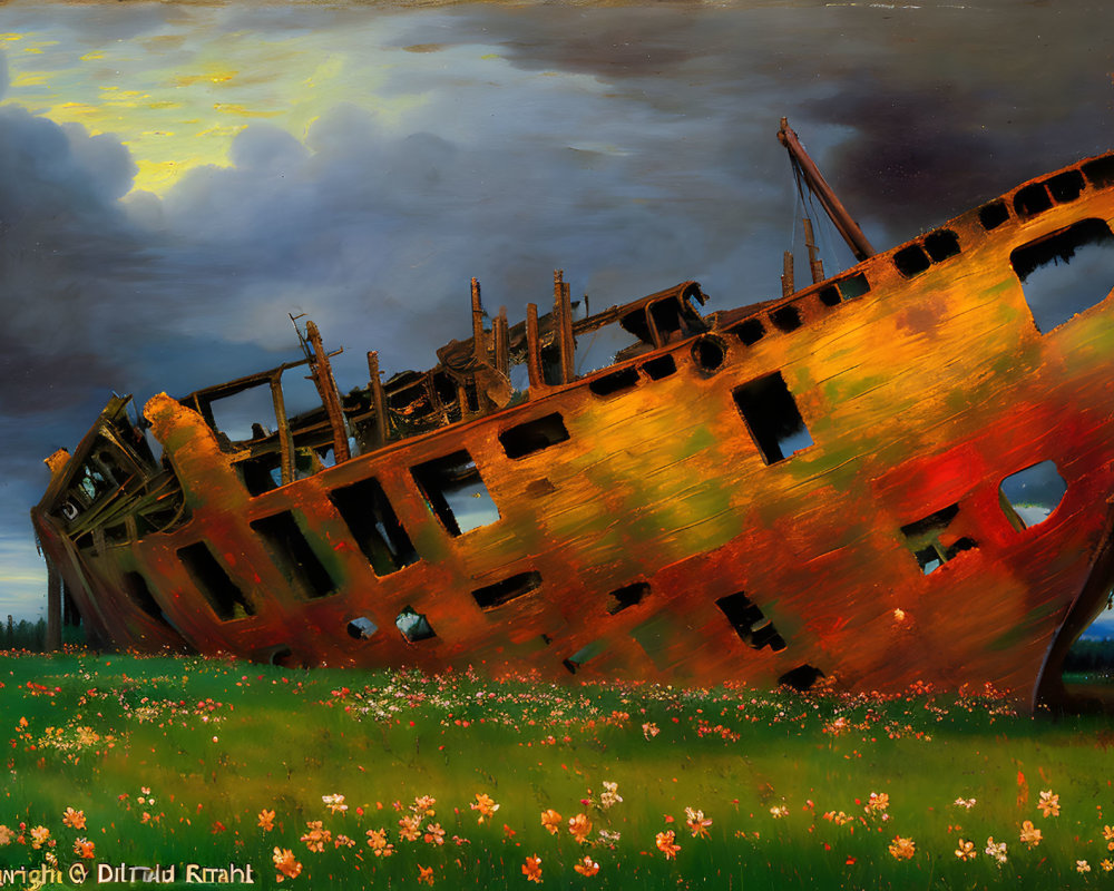 Rusting shipwreck on blooming field under dramatic dusk sky