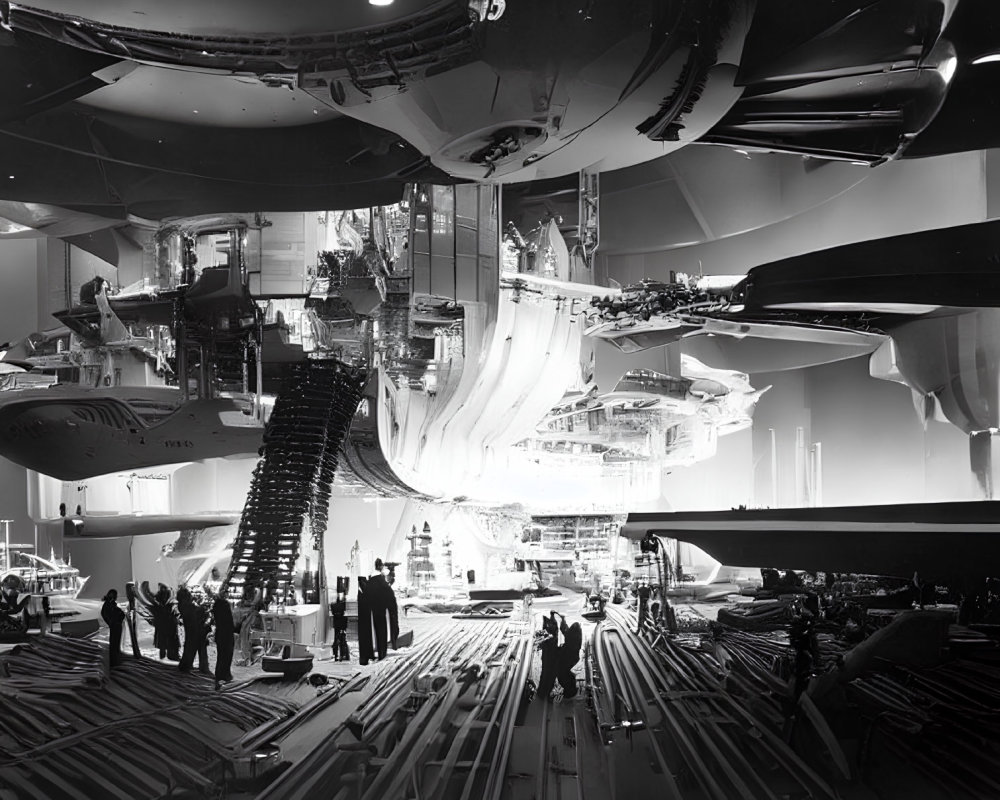 Black and white image of workers constructing a large airplane in a hangar