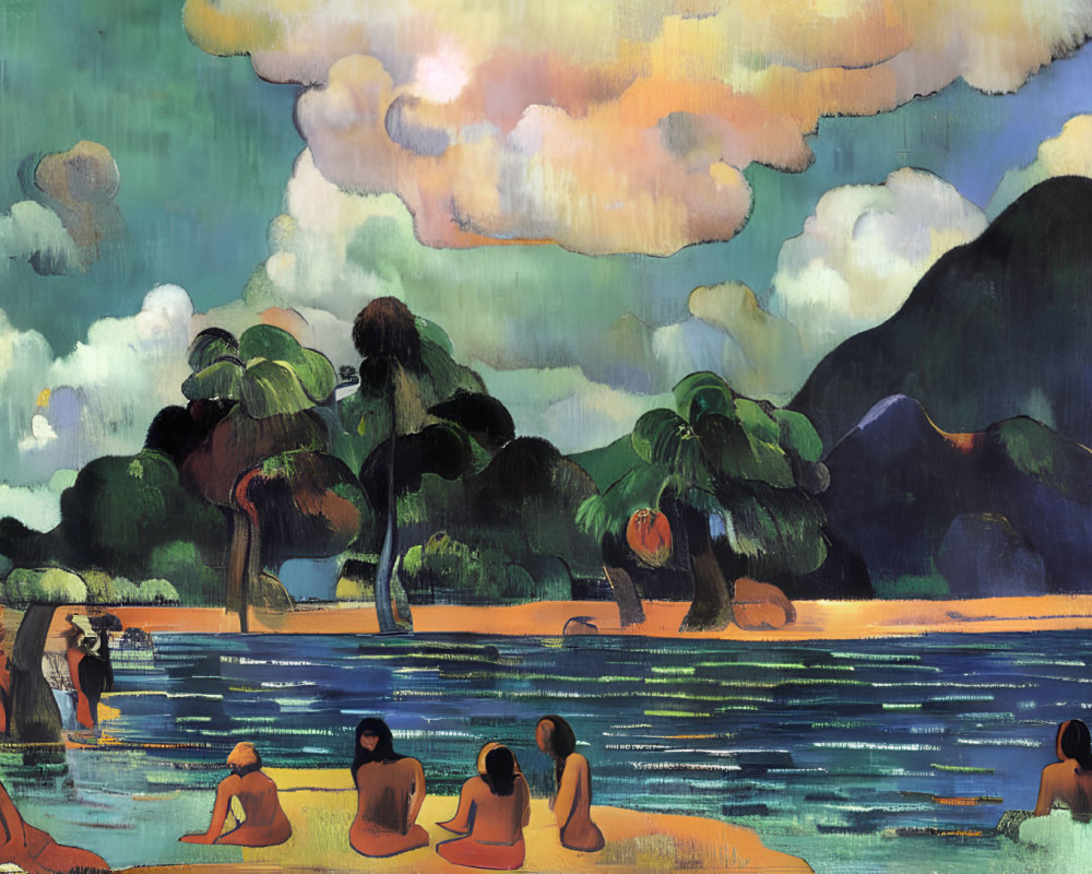 Vibrant Tropical Beach Scene with Swimmers and Mountains