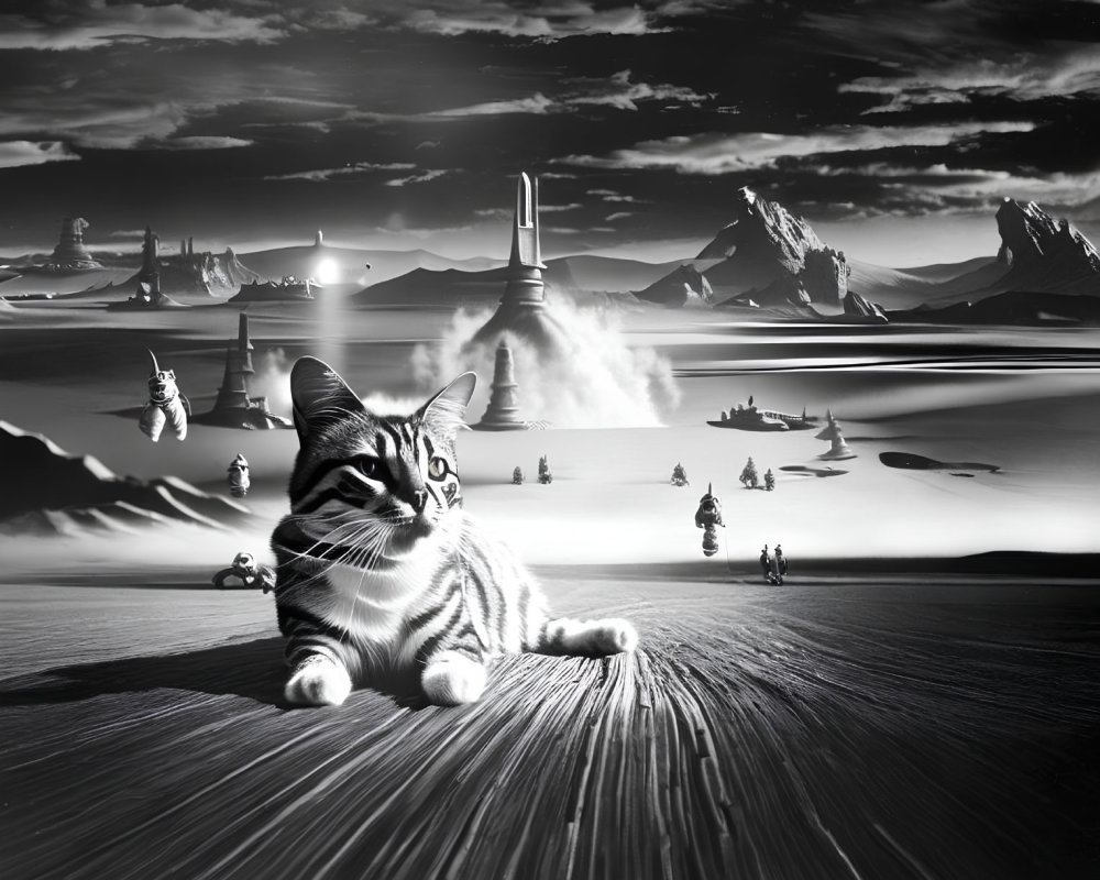 Giant Cat in Monochrome Landscape with Mountains and Astronauts