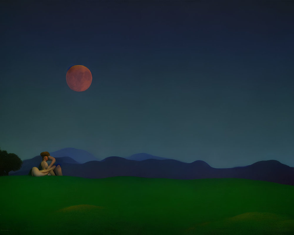 Person sitting under large red moon on grassy knoll