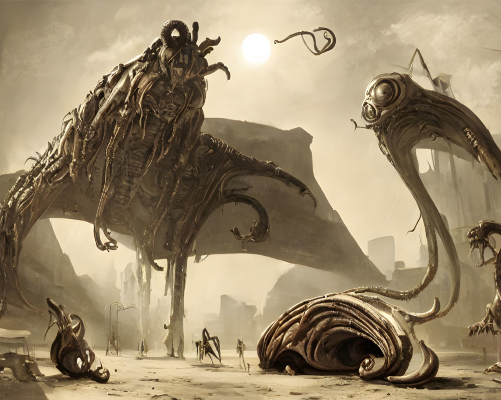 Dystopian scene with alien creatures and humanoid figures in ruins