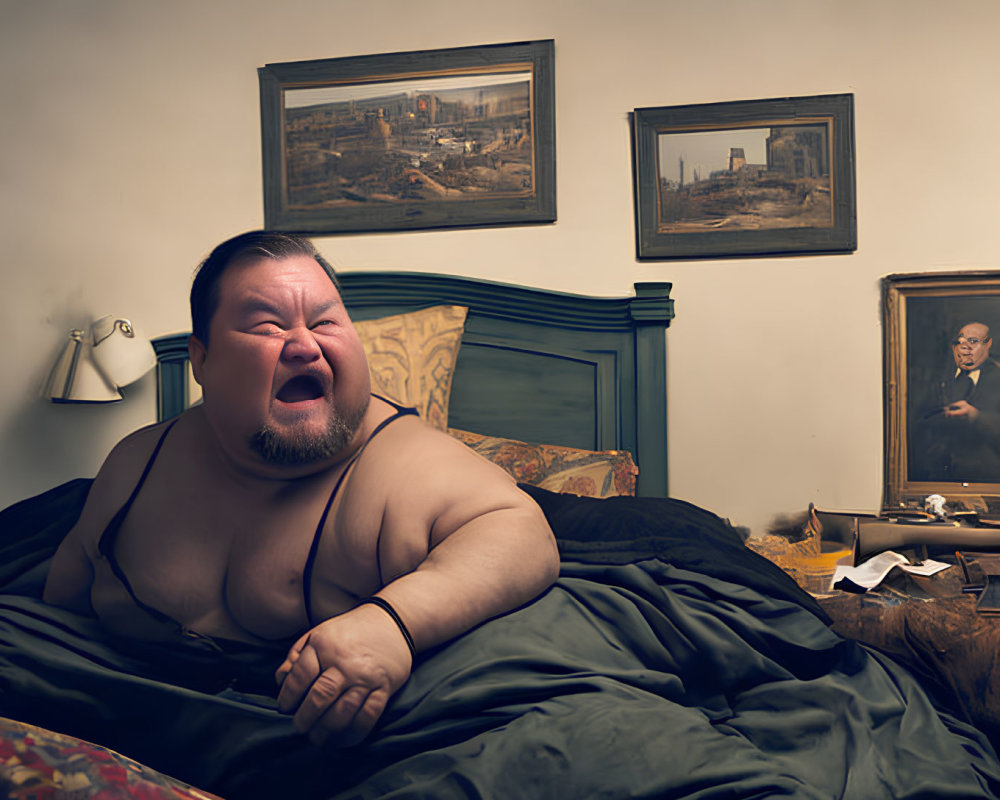 Man distressed in bed with vintage decor