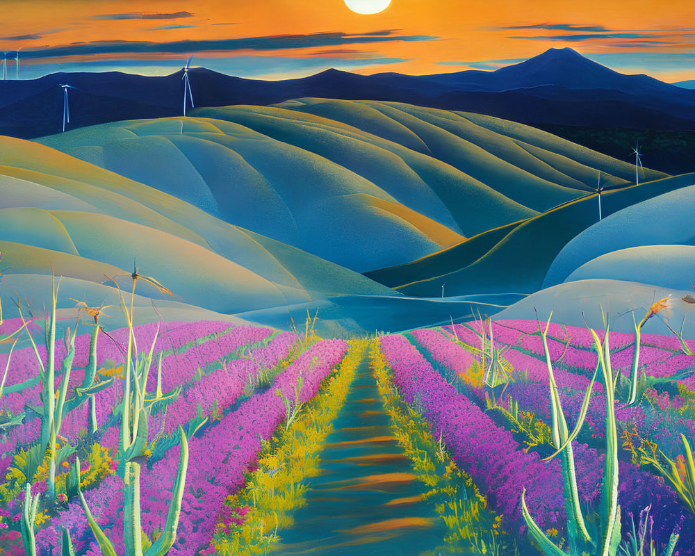 Vibrant sunset painting with hills, flowers, and wind turbines