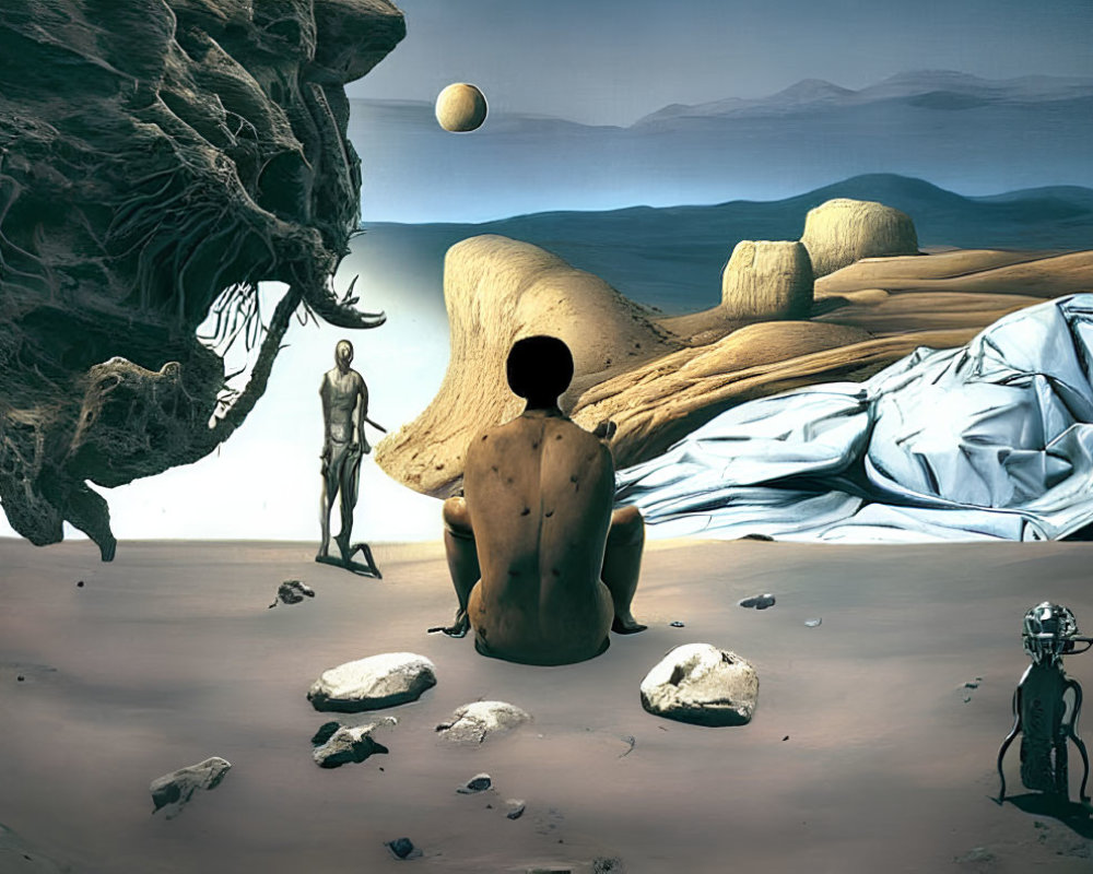 Surreal desert landscape with humanoid figure, draped form, rocks, walking figure, and sphere under