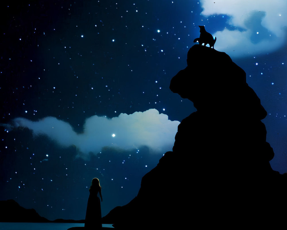 Silhouette of person by lake gazing at rock formation with goat under starry night sky