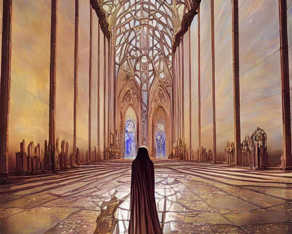 Cloaked Figure in Ornate Gothic Cathedral at Sunset