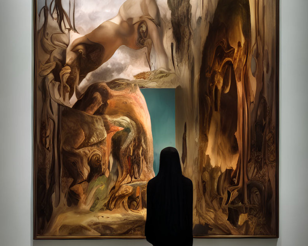 Visitor Contemplating Surrealistic Abstract Painting in Gallery