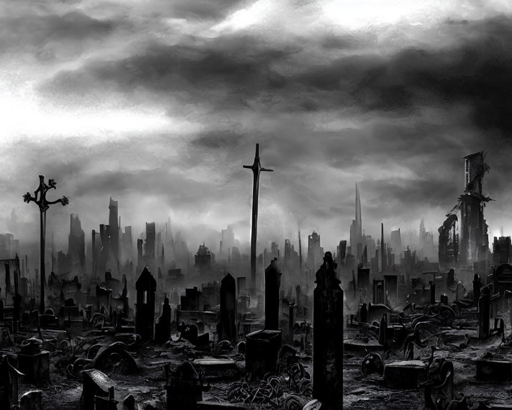 Monochrome artwork of desolate graveyard with tombstones and crosses, against stormy sky