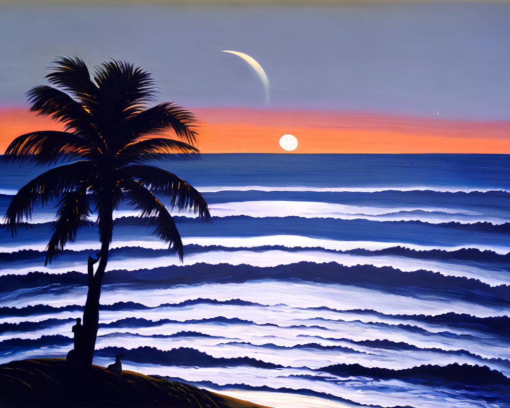 Sunset painting with crescent moon, palm tree silhouette, and layered ocean waves in blue and purple