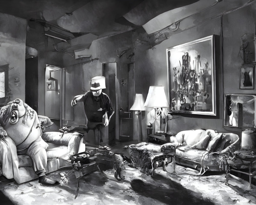 Monochrome illustration of disheveled room with man in hat gesturing to slumped figure