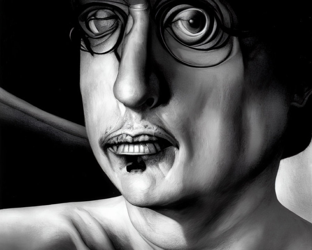 Monochrome artwork of man with round glasses and cigarette