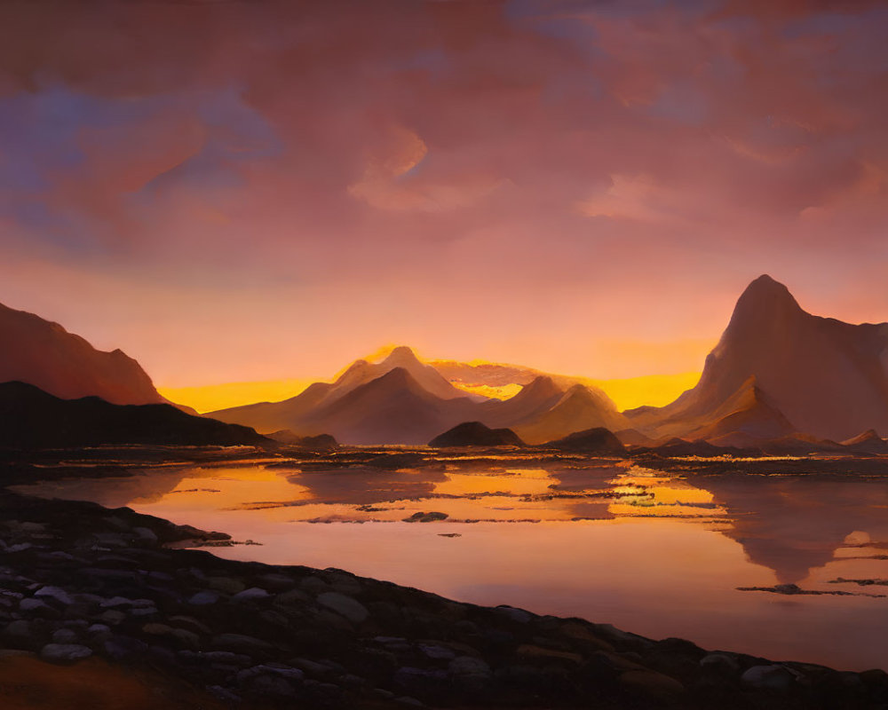 Tranquil mountain landscape with sunset reflections on water