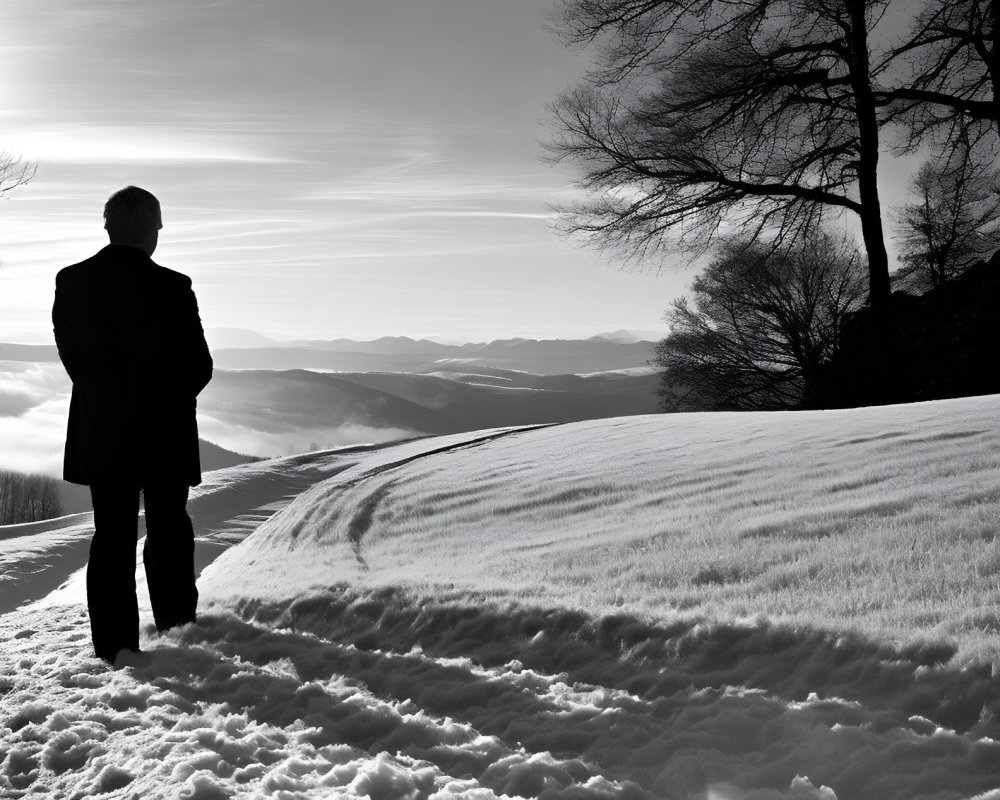 Person in coat admiring snowy hill landscape