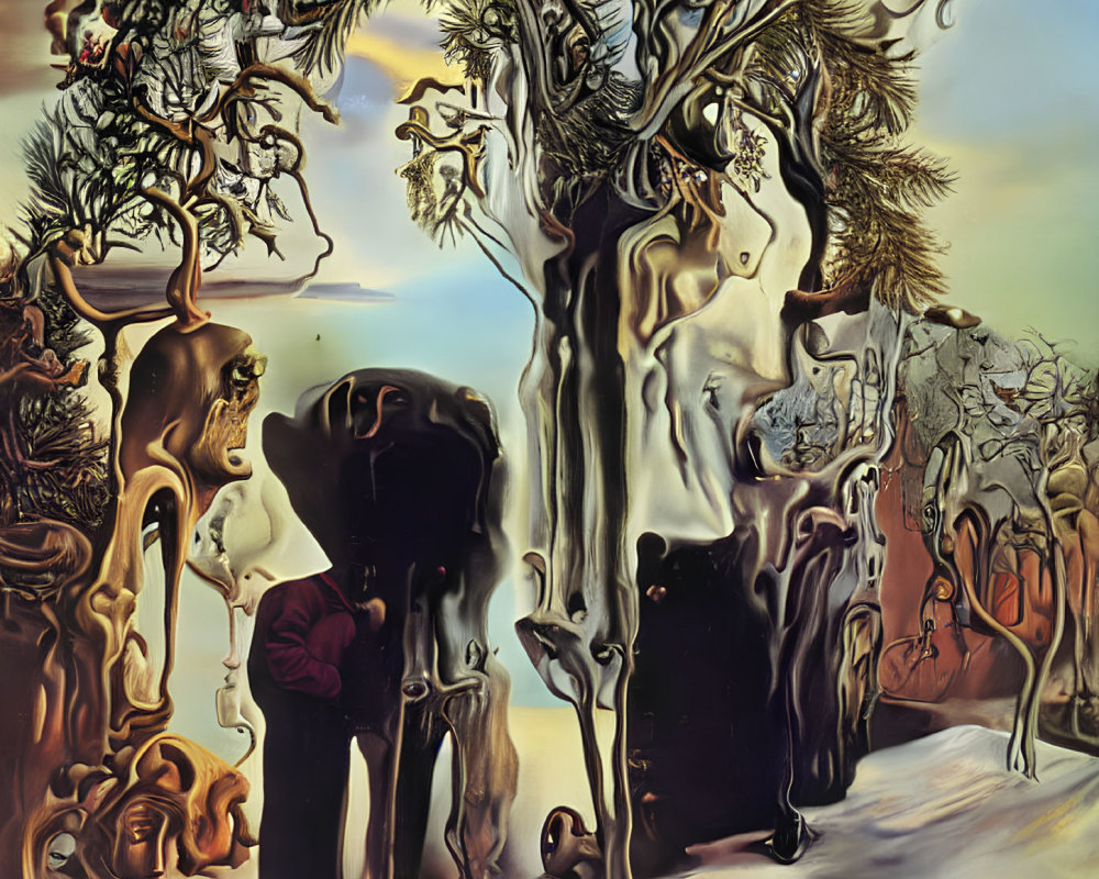 Surreal painting with distorted figures, melting tree, and person in red jacket