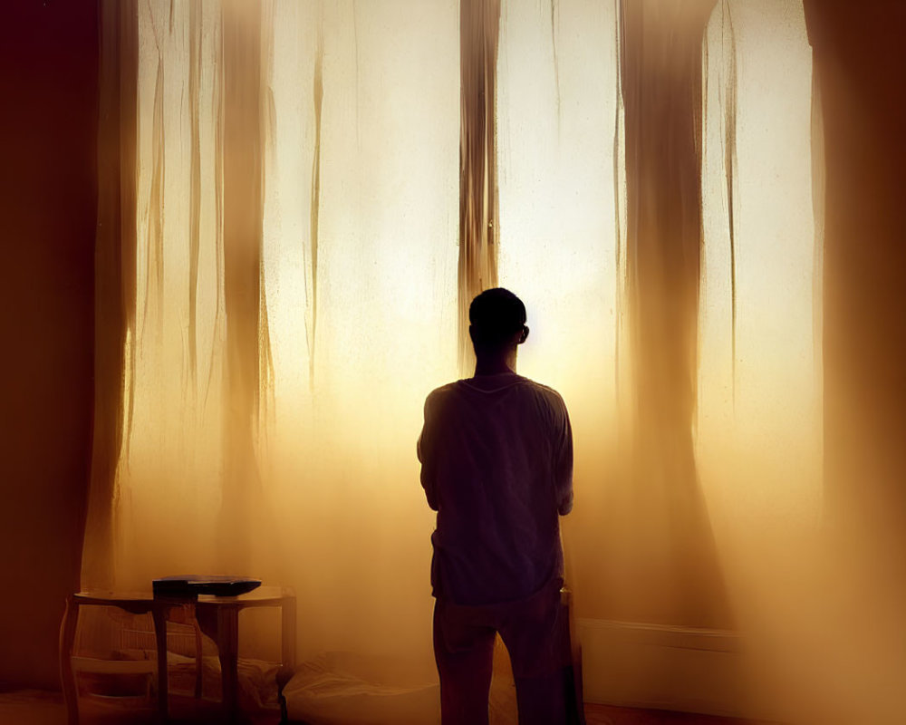 Silhouetted figure in front of translucent curtains with warm backlighting