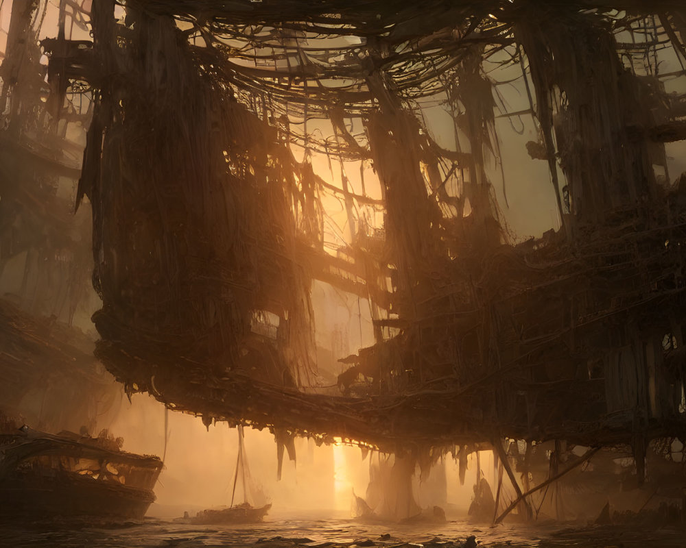 Abandoned ship graveyard under golden sunlight