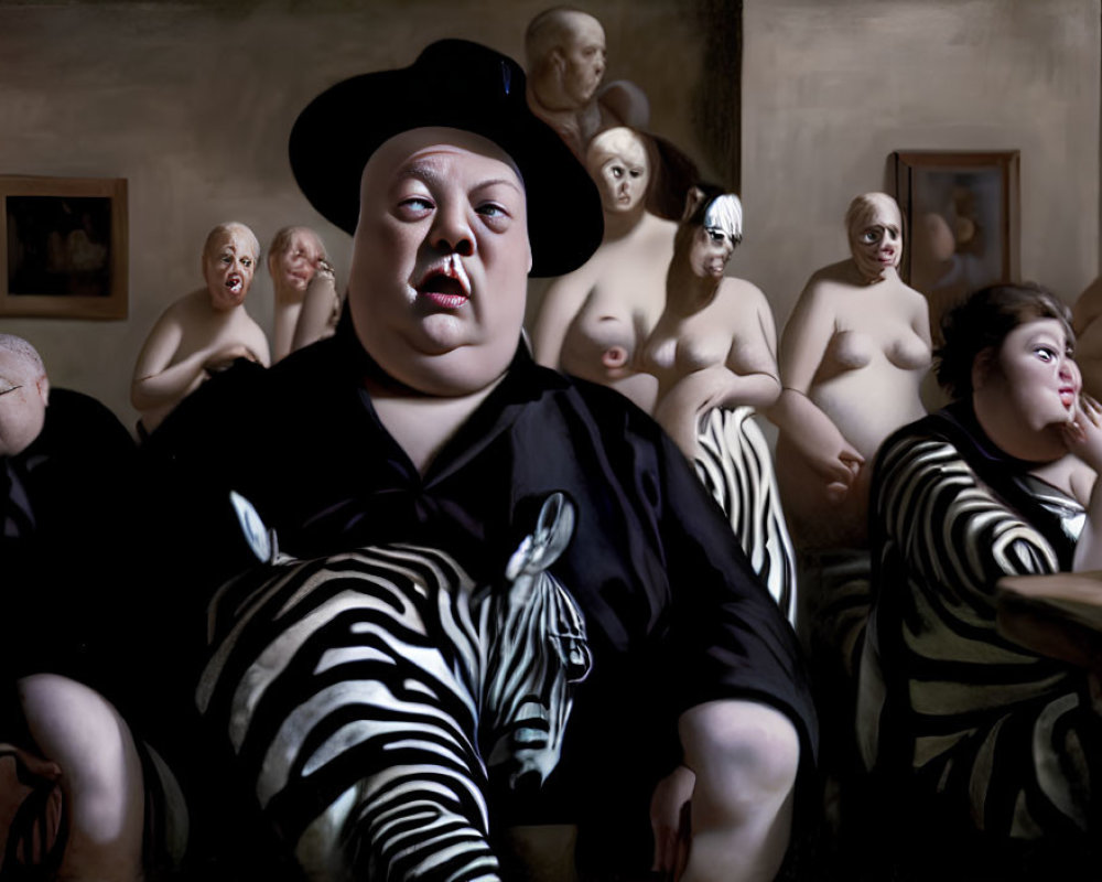 Surreal painting with central figure in striped outfit and hat