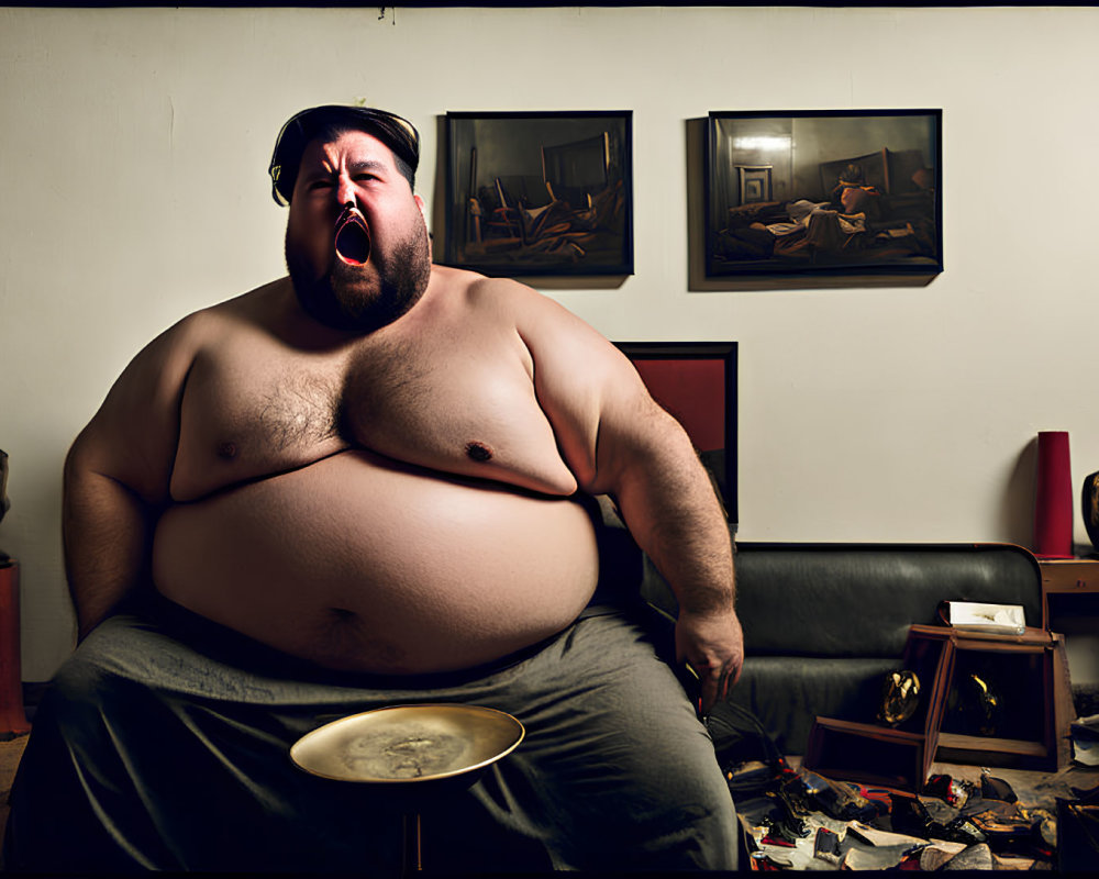 Man with protruding belly sitting on sofa surrounded by trophies, papers, and plate.