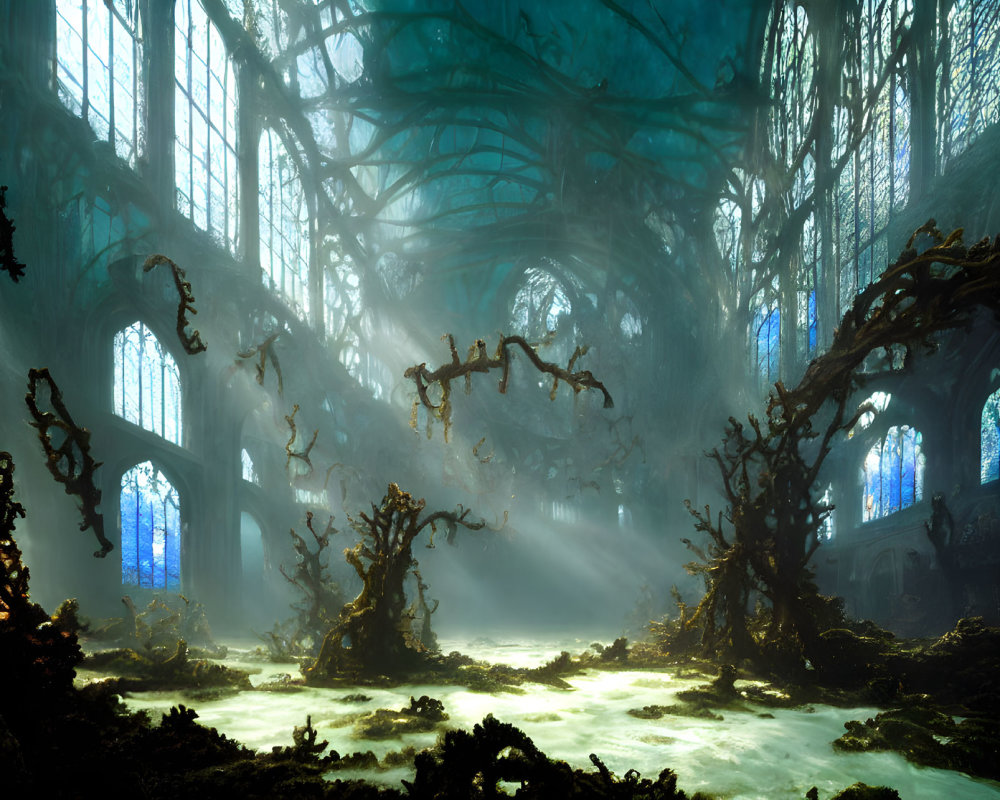 Ethereal forest meets gothic cathedral ruins in a misty scene