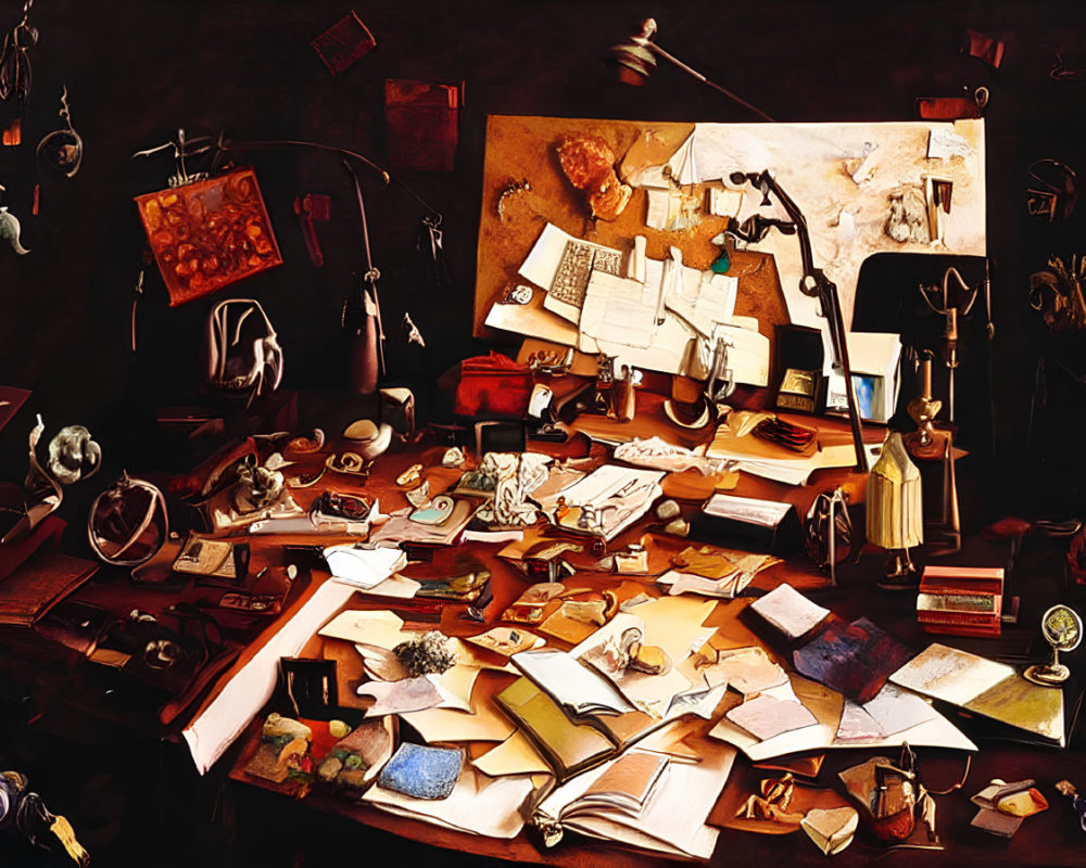 Cluttered Desktop with Books, Papers, and Globe