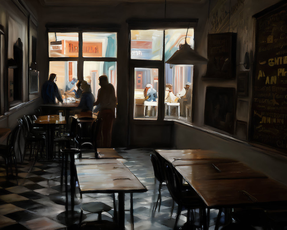 Cozy café interior with warm lighting and patrons at the counter