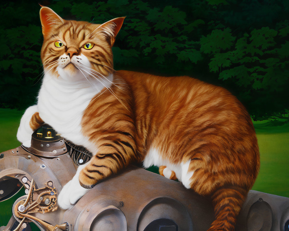 Orange Tabby Cat with Unique Markings on Mechanical Contraption in Green Foliage