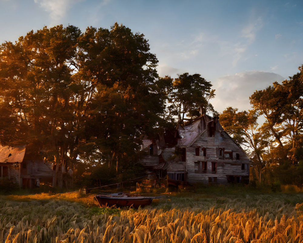 Abandoned wooden house in forest with rusty boat and wheat field at sunset