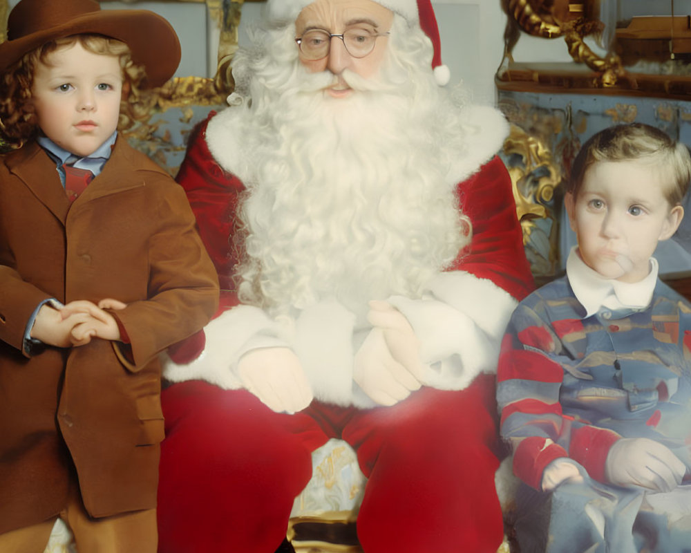 Children posing with Santa Claus in festive setting