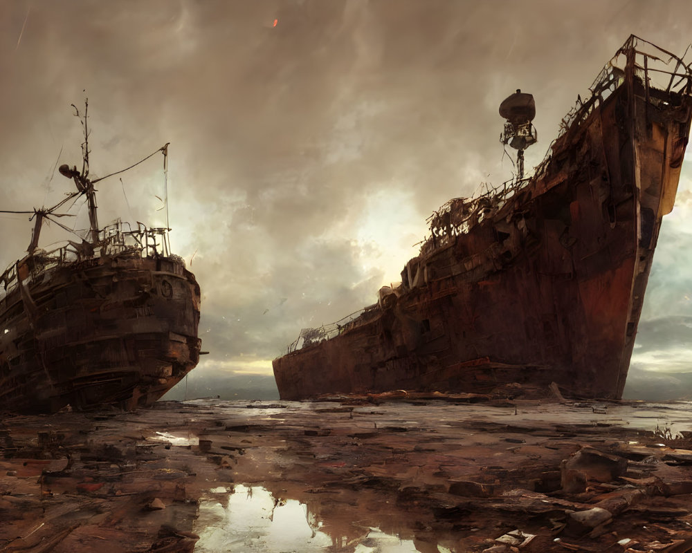 Desolate landscape with rusted ships under cloudy sky