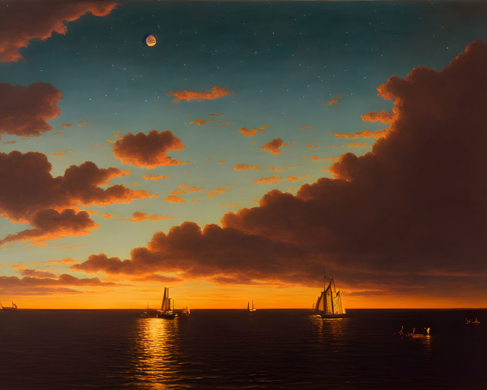 Twilight seascape with crescent moon, stars, sailing ships, and warm glow