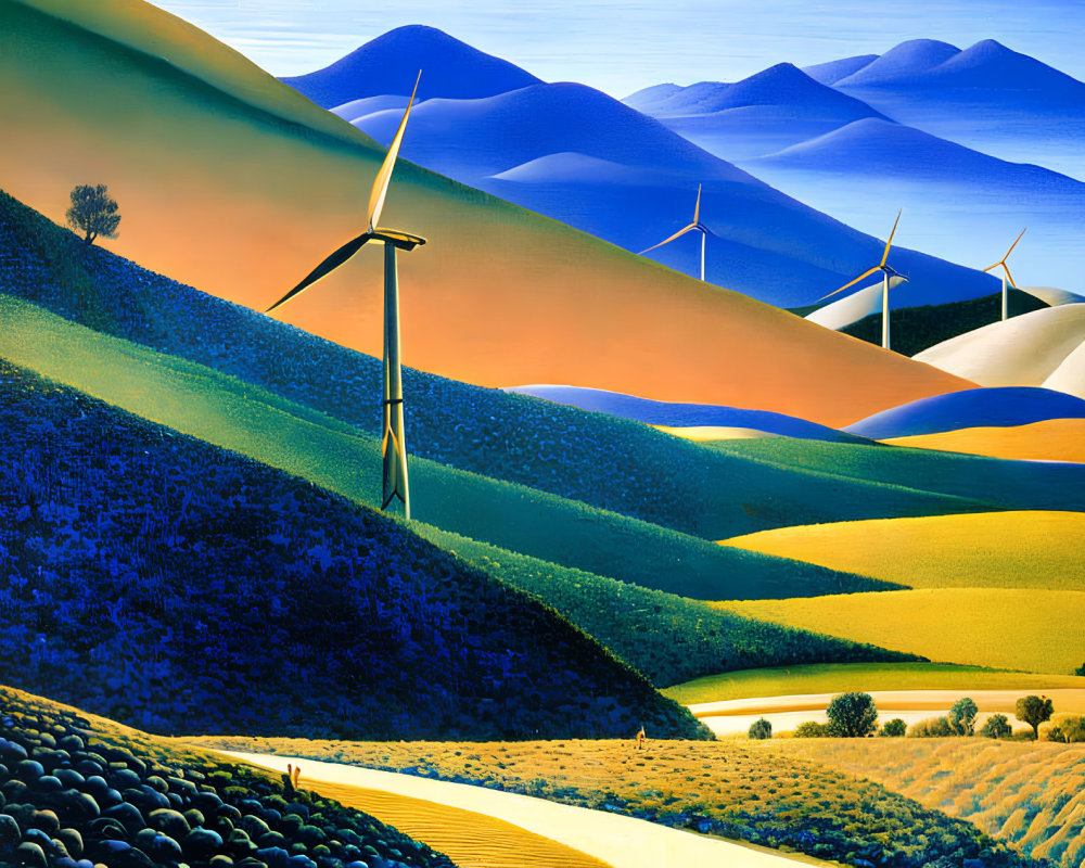 Blue and Orange Rolling Hills with Wind Turbines and Lone Tree