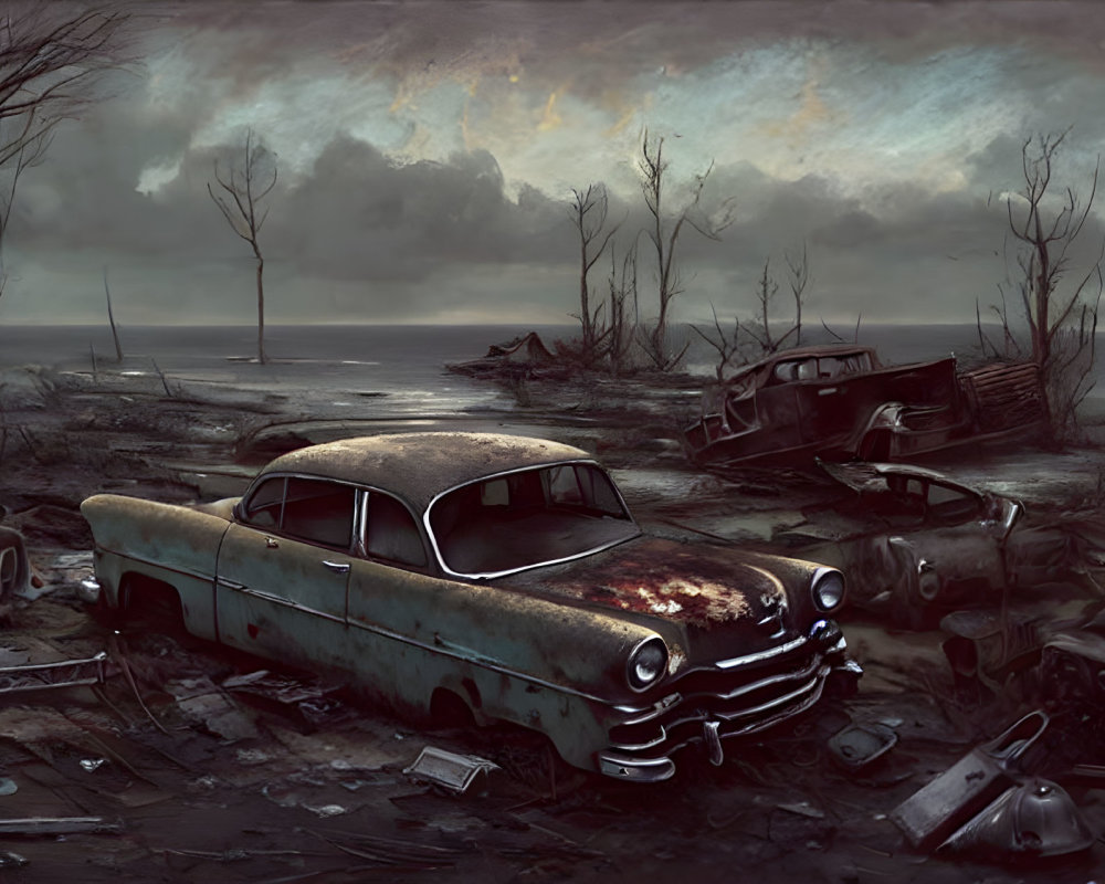 Dystopian landscape with rusted cars and desolate trees under brooding sky