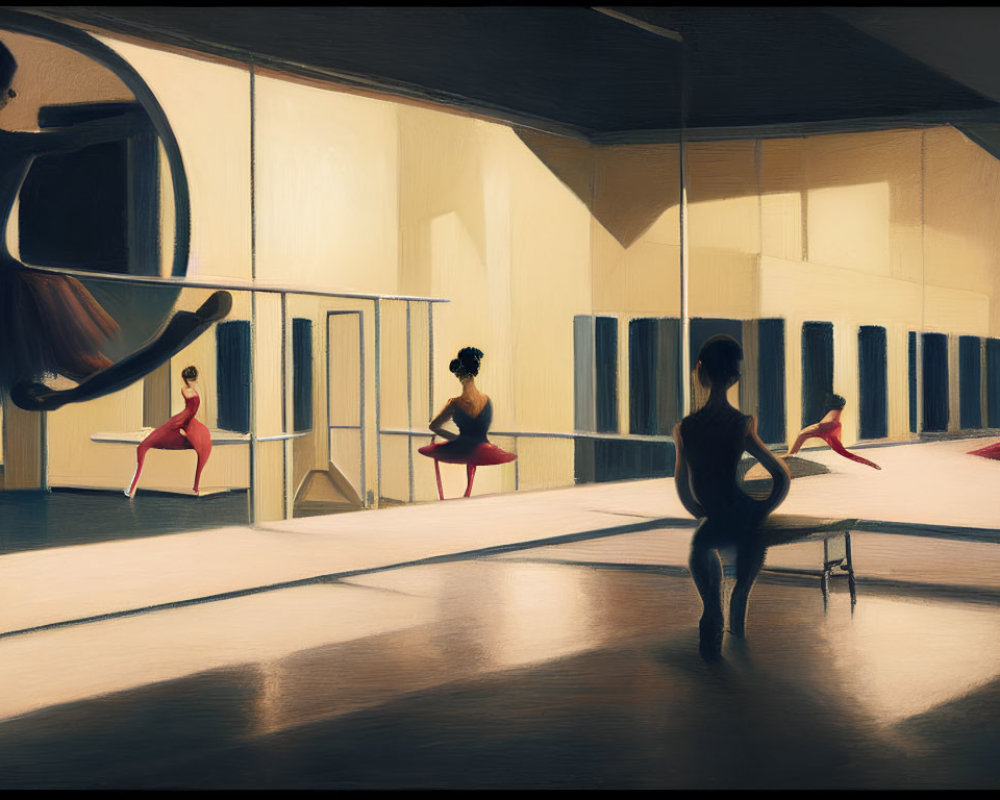 Ballet dancers practicing in mirrored studio with barres