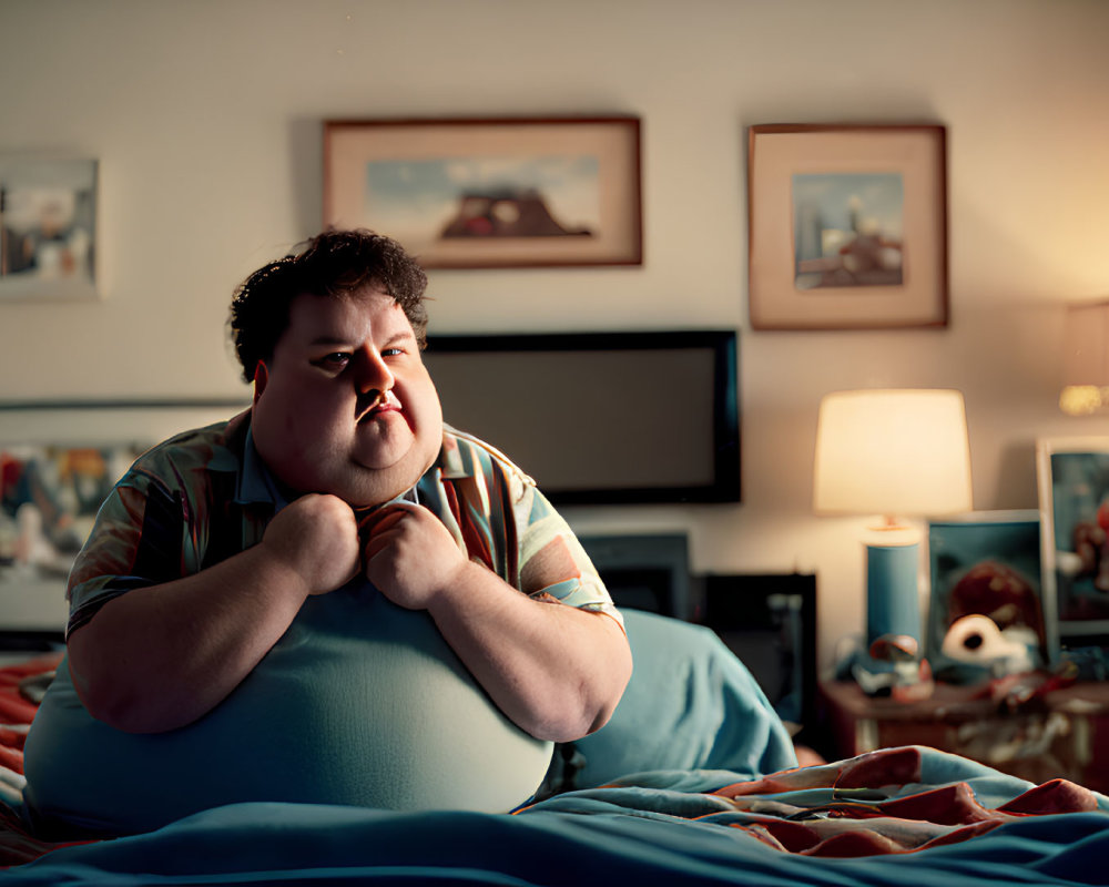 Person sitting on bed in dimly lit room surrounded by pictures and television