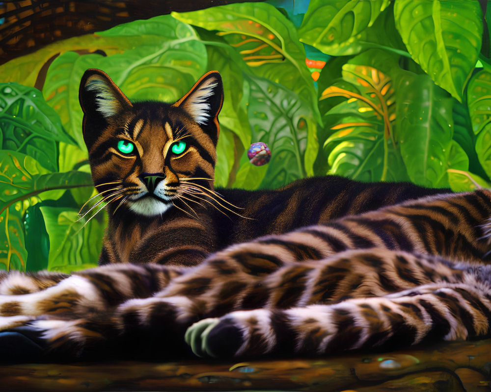 Colorful Striped Cat Painting in Lush Jungle with Blue Eyes