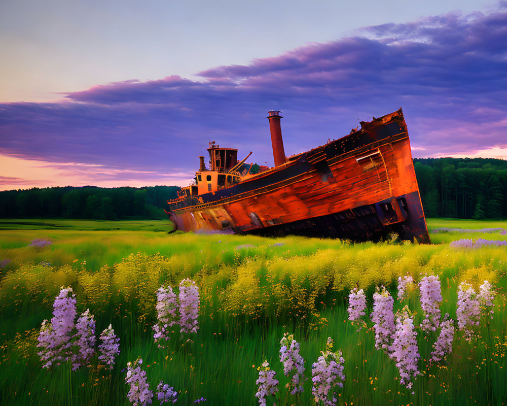 Abandoned shipwreck surrounded by purple flowers at sunset