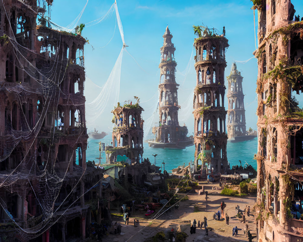 Futuristic cityscape with towering structures, clear sky, people, and ships.