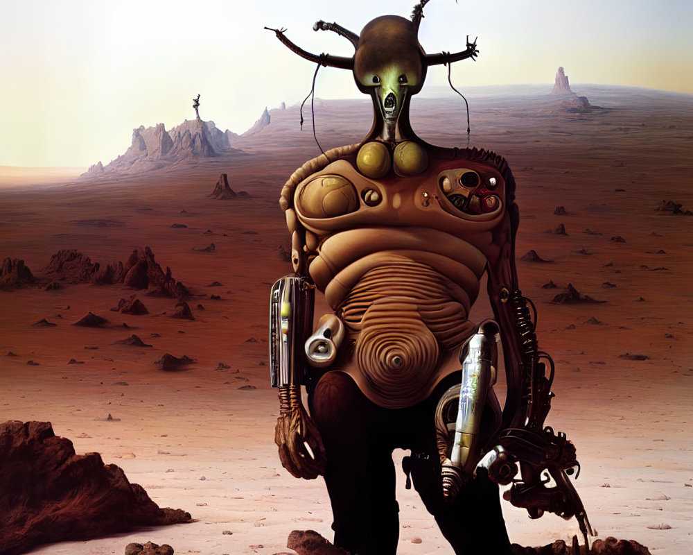 Intricately detailed alien on barren Martian landscape