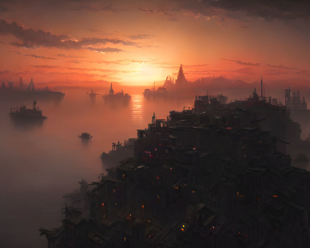 Dystopian sunset over crowded waterfront city with dense buildings and ships against orange sky