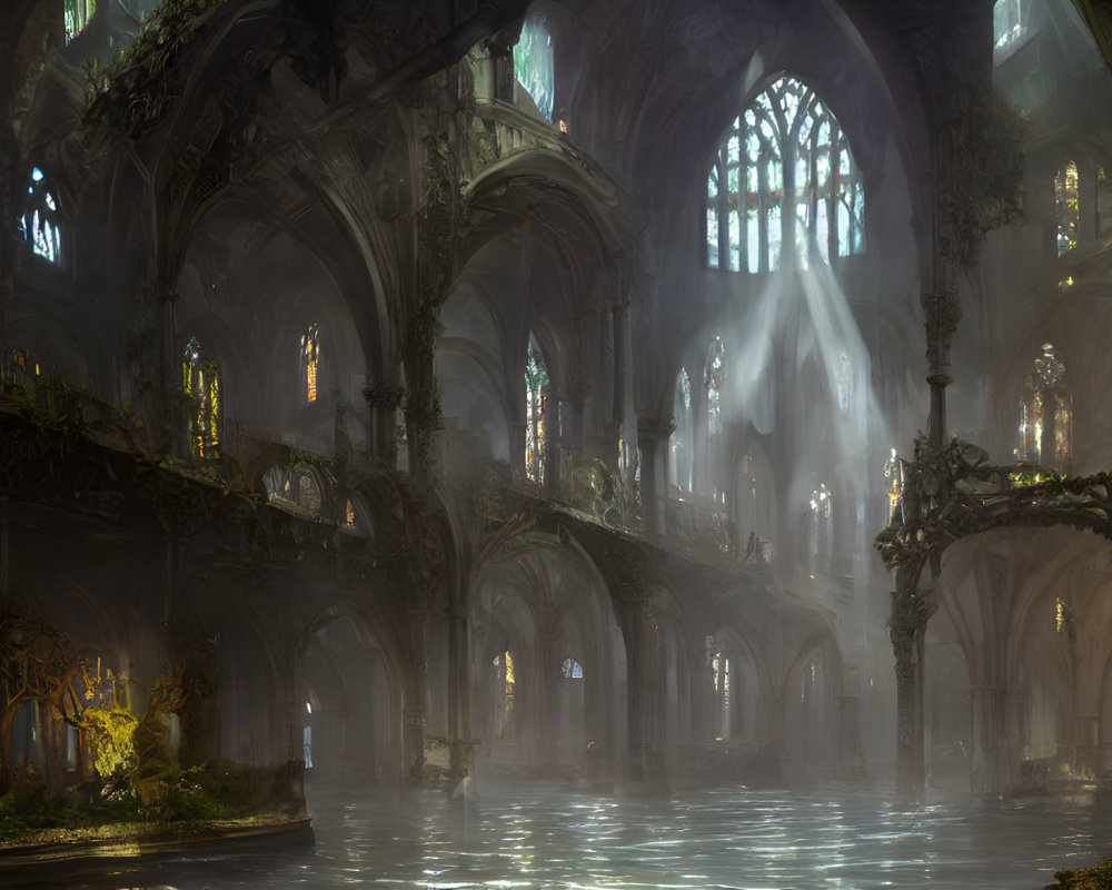 Gothic fantasy cathedral with ethereal light and overgrowth