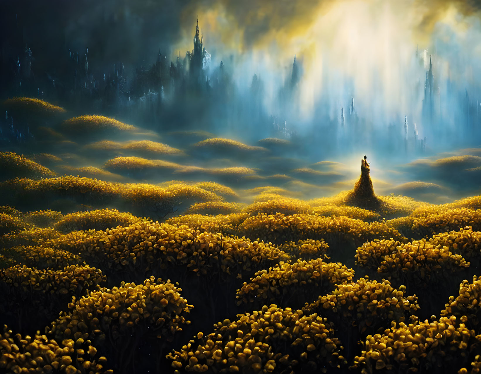 Mystical landscape with glowing golden forests and lone figure under dark sky