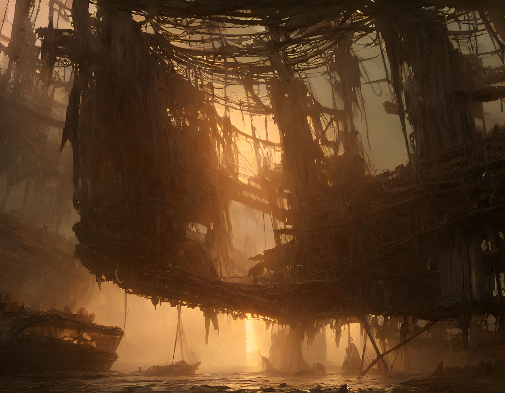 Abandoned ship graveyard under golden sunlight