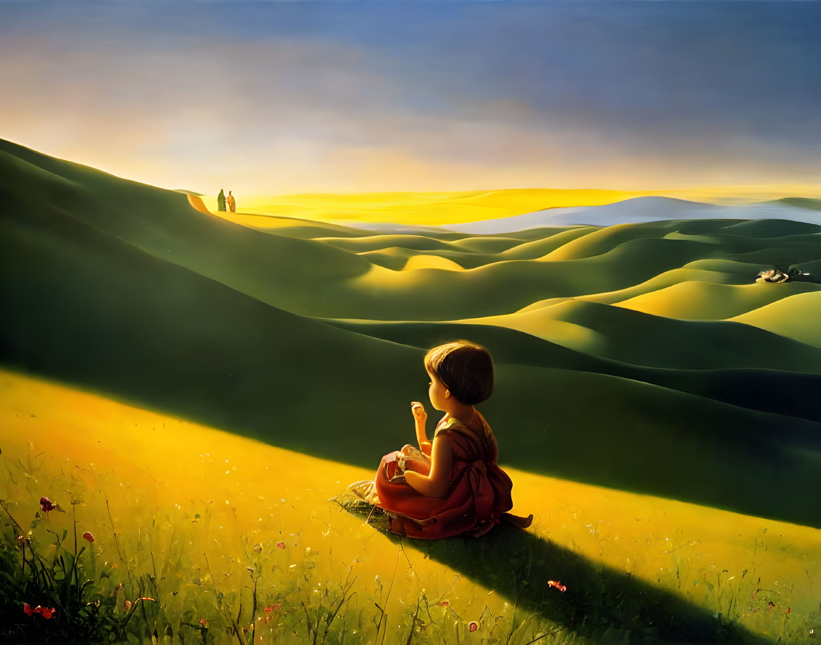 Child observing candle on grassy hill at sunset with rolling green hills and distant figures under golden sky