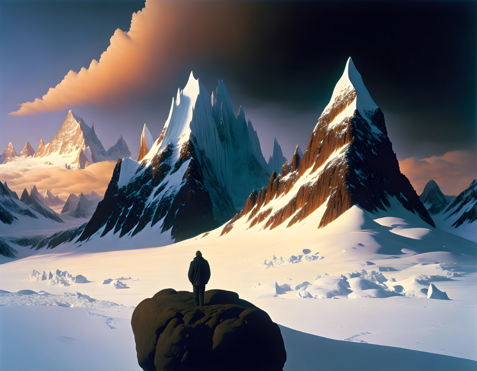 Person on Rock Gazes at Snowy Mountain Range at Twilight