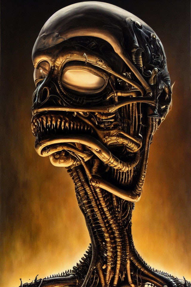 Biomechanical head with organic and mechanical fusion on warm backdrop