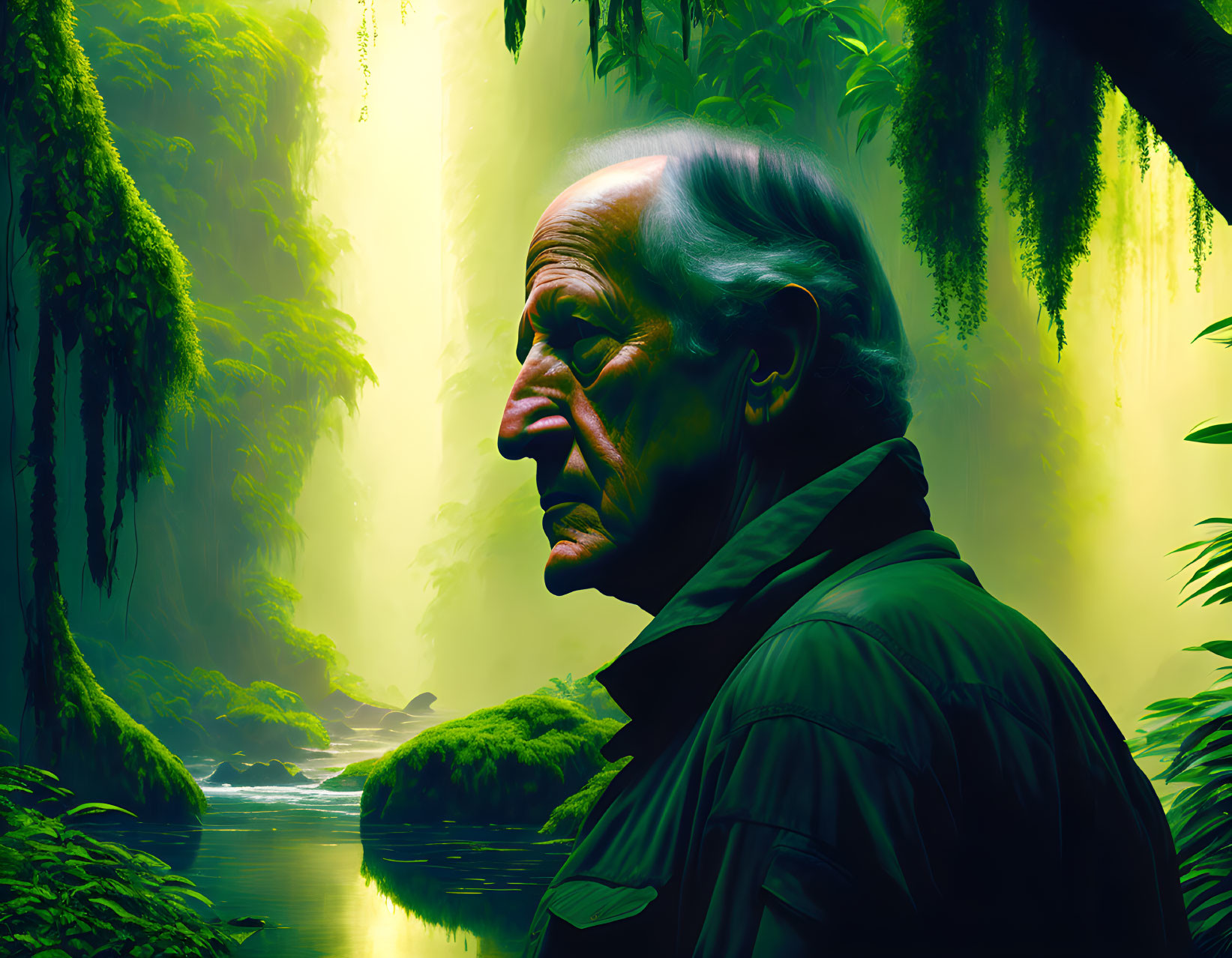 Elderly man with deep facial lines in green jacket against mystical forest backdrop