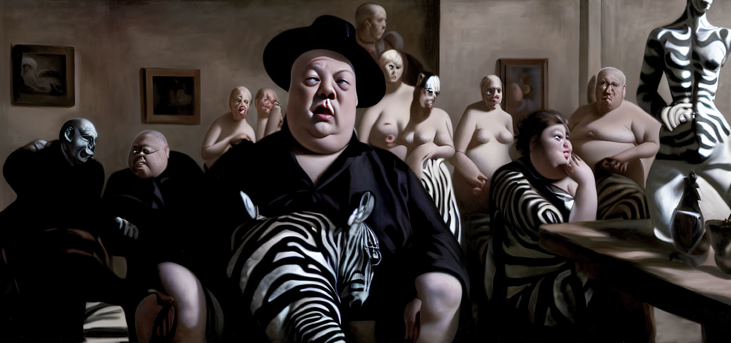 Surreal painting with central figure in striped outfit and hat