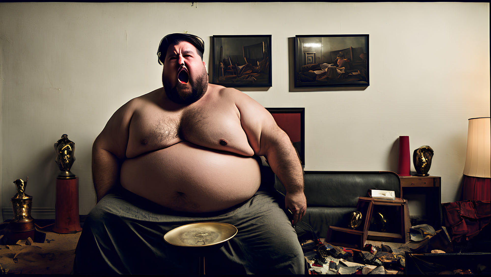 Man with protruding belly sitting on sofa surrounded by trophies, papers, and plate.